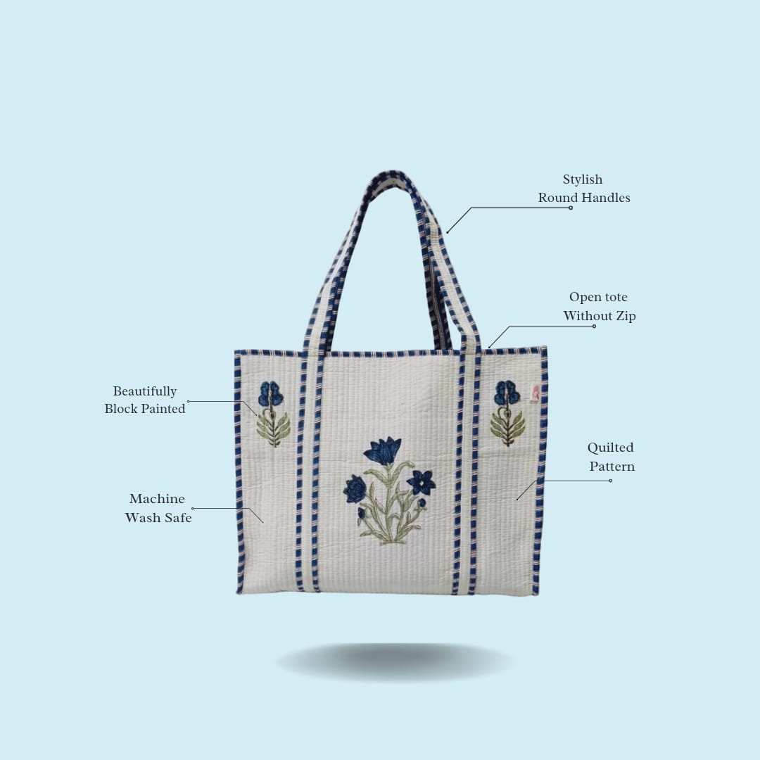 Classic White Block Printed Quilted Tote Bag without zip/button 17x18x 6 inches