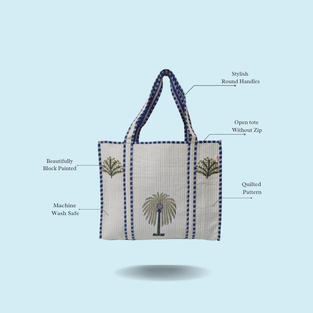 Classic White Block Printed Quilted Tote Bag without zip/button 17x18x 6 inches