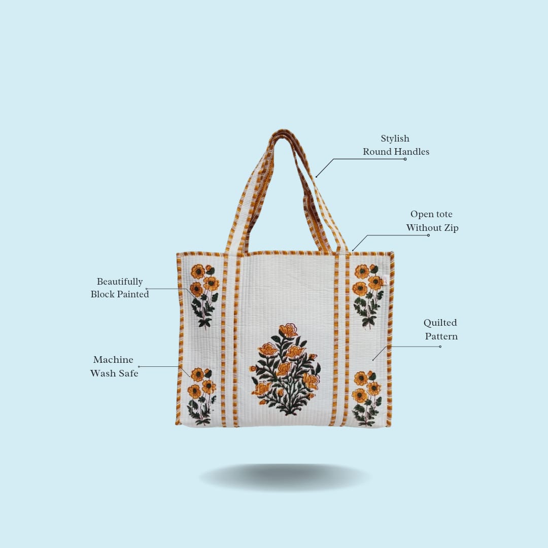 Classic White Block Printed Quilted Tote Bag without zip/button 17x18x 6 inches