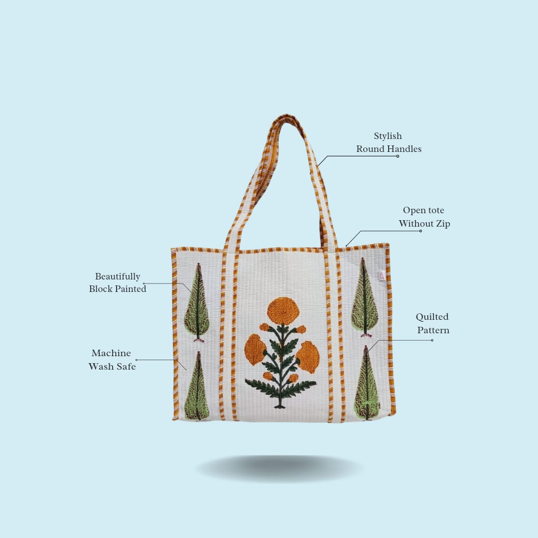 Classic White Block Printed Quilted Tote Bag without zip/button 17x18x 6 inches