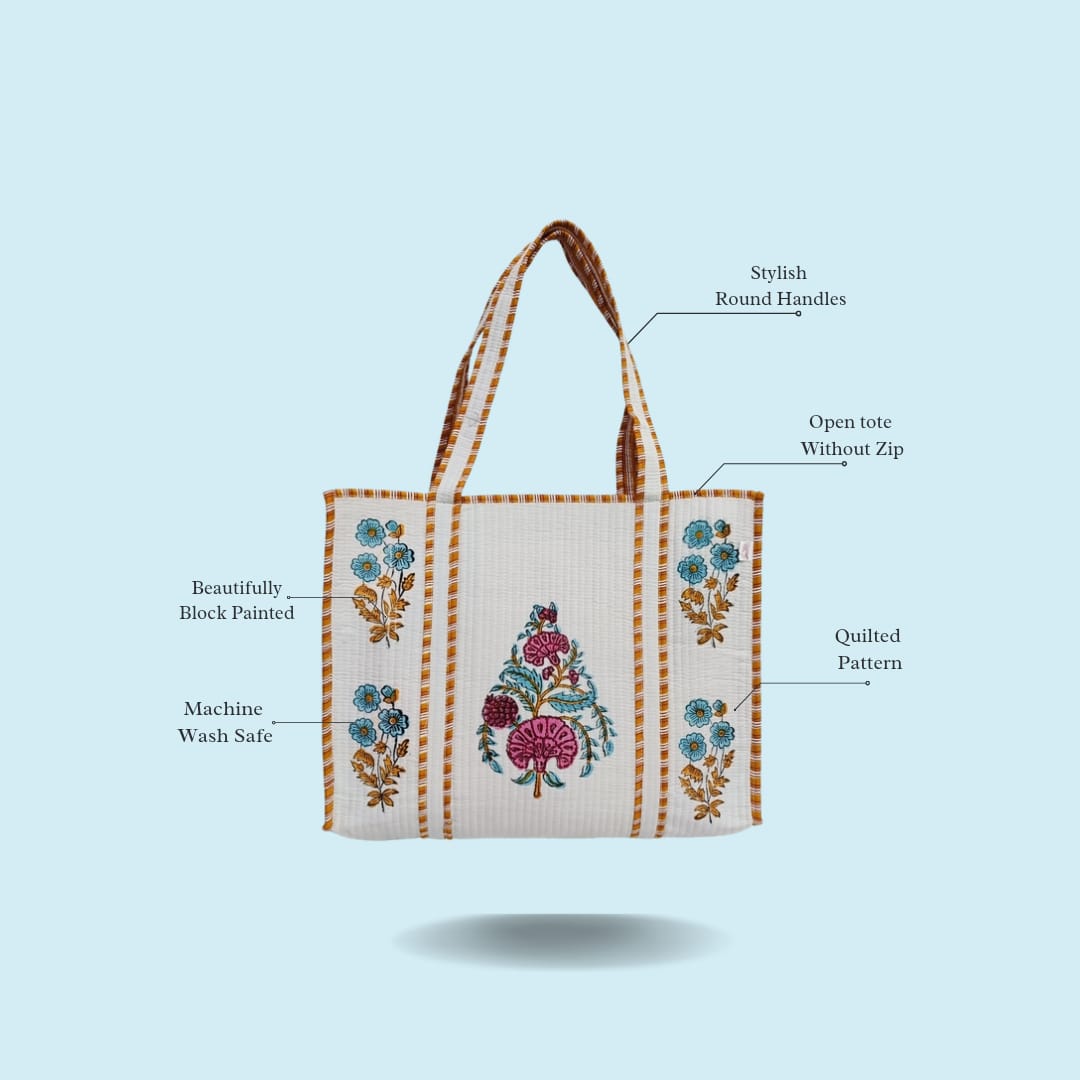 Classic White Block Printed Quilted Tote Bag without zip/button 17x18x 6 inches