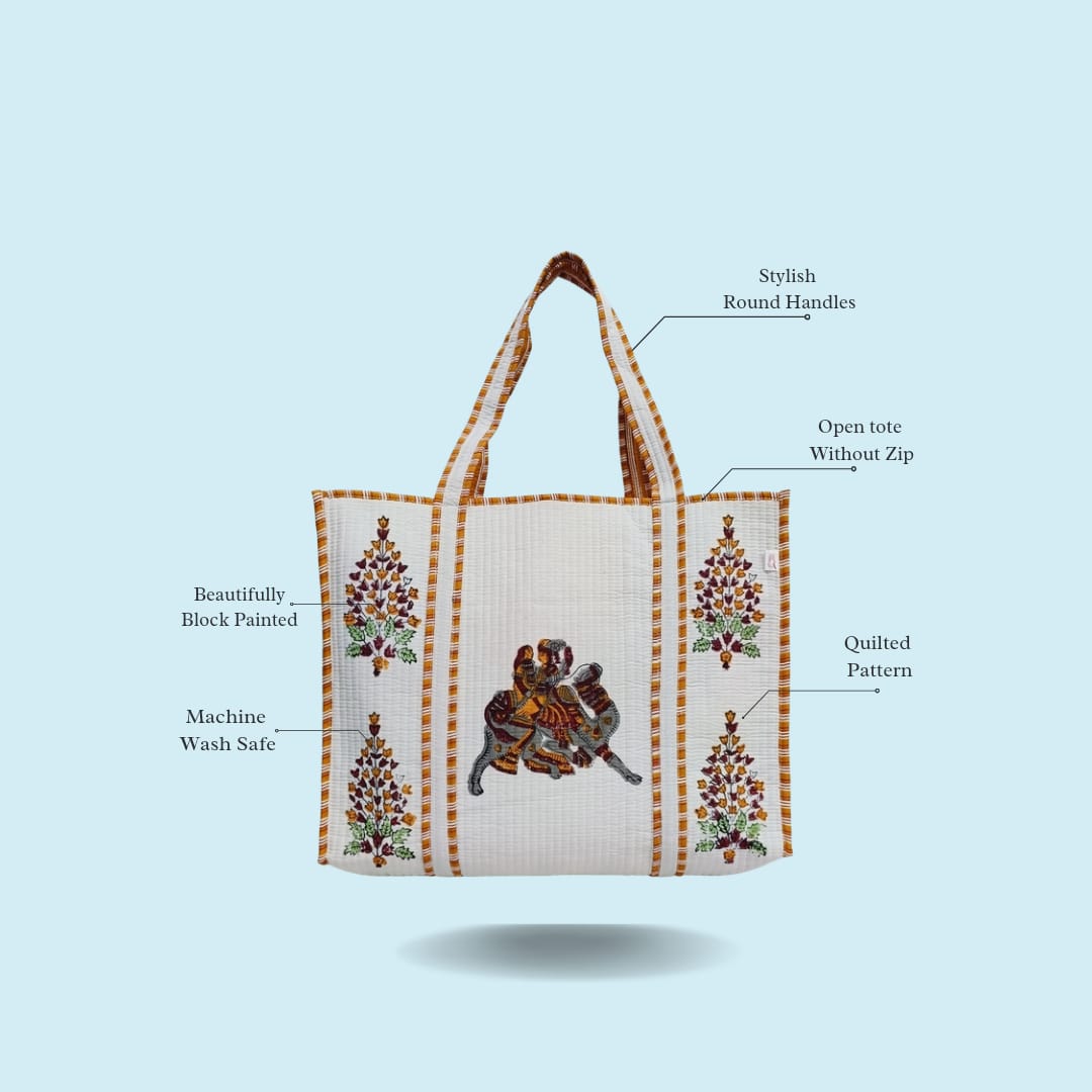 Classic White Block Printed Quilted Tote Bag without zip/button 17x18x 6 inches