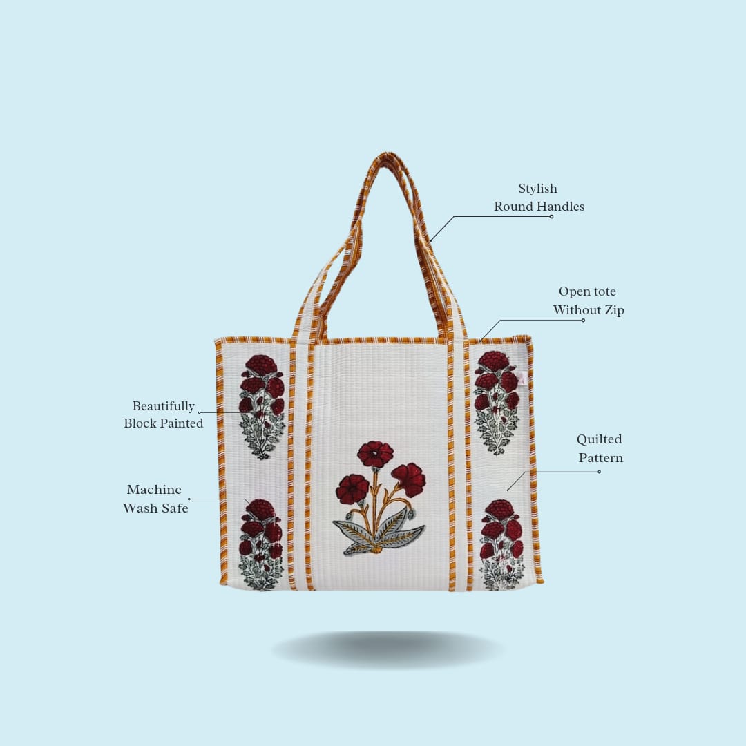 Classic White Block Printed Quilted Tote Bag without zip/button 17x18x 6 inches