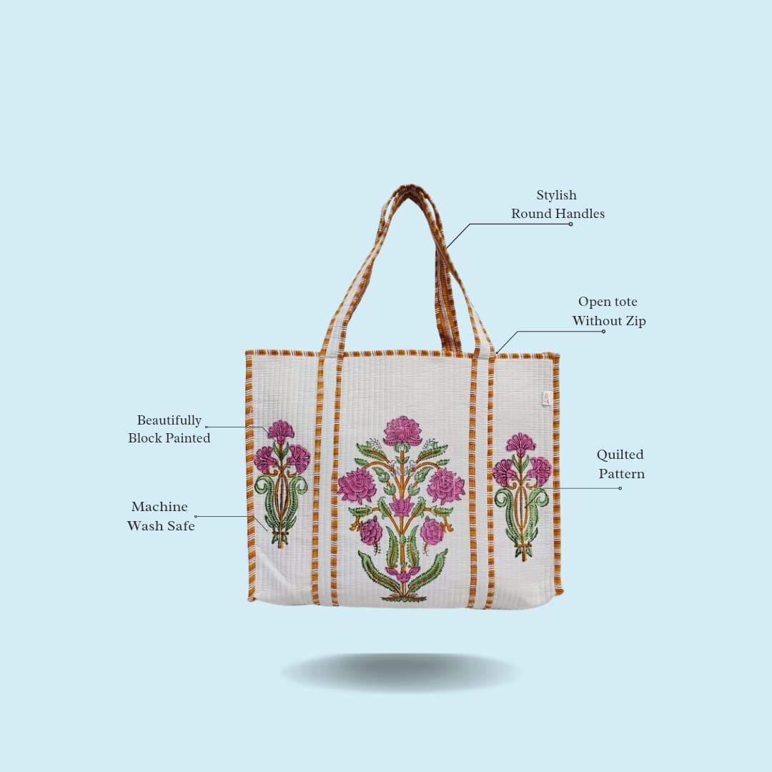 Classic White Block Printed Quilted Tote Bag without zip/button 17x18x 6 inches