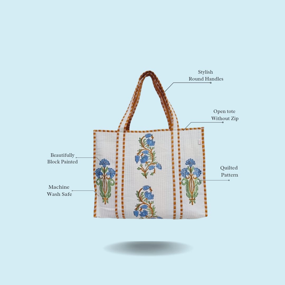 Classic White Block Printed Quilted Tote Bag without zip/button 17x18x 6 inches