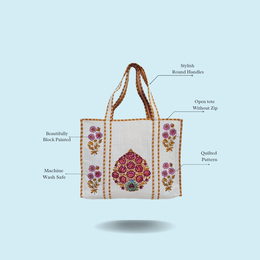 Classic White Block Printed Quilted Tote Bag without zip/button 17x18x 6 inches