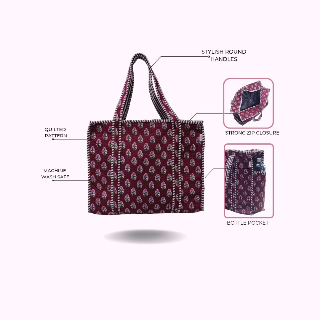 Handblock Printed Quilted Tote Bag with concealed zip ( 17x18x 6 inches)