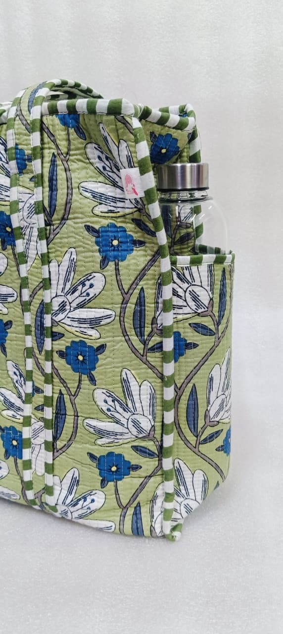Handblock Printed Quilted Tote Bag with concealed zip ( 17x18x 6 inches)
