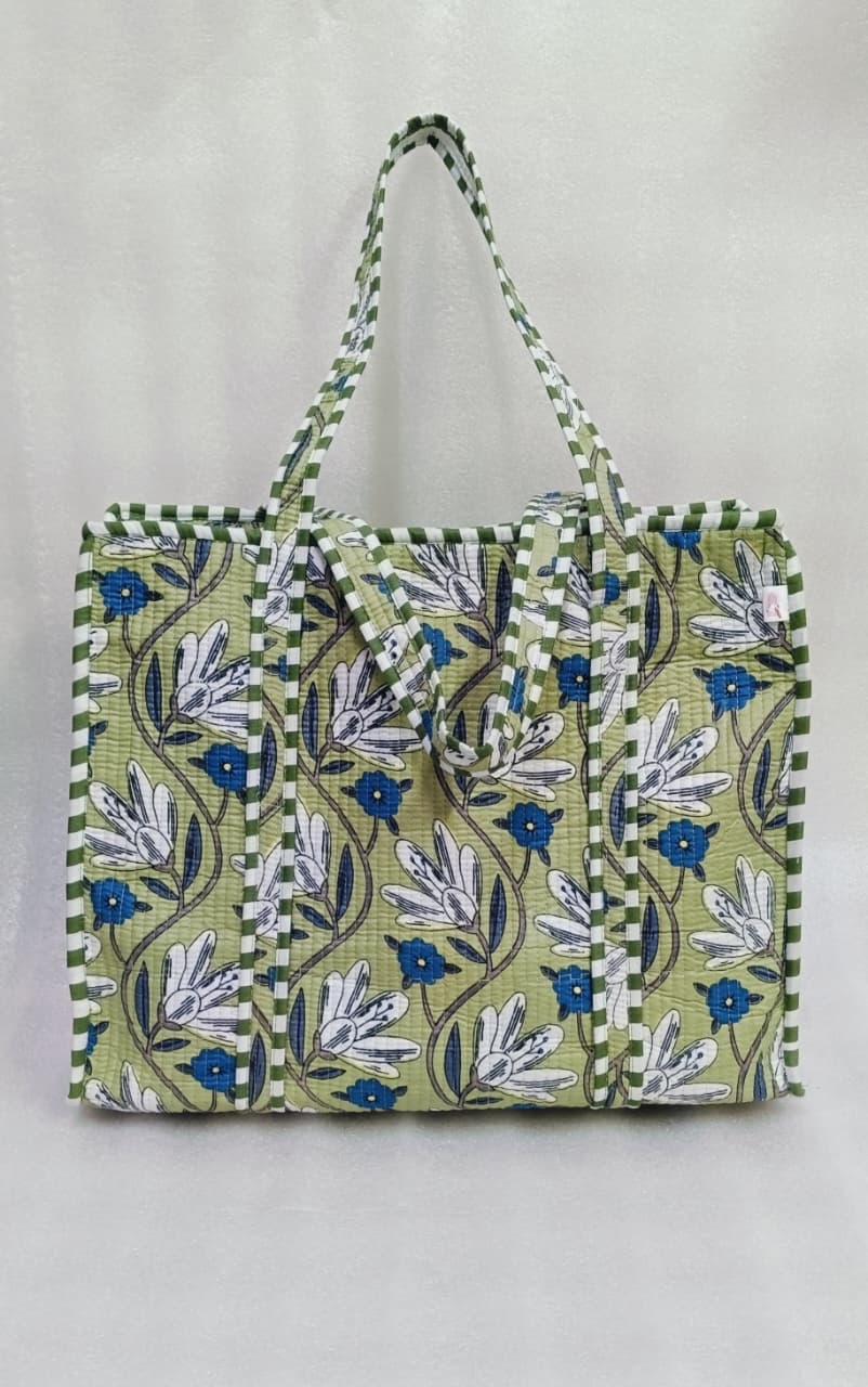 Handblock Printed Quilted Tote Bag with concealed zip ( 17x18x 6 inches)