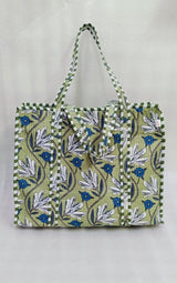 Handblock Printed Quilted Tote Bag with concealed zip ( 17x18x 6 inches)