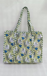 Handblock Printed Quilted Tote Bag with concealed zip ( 17x18x 6 inches)