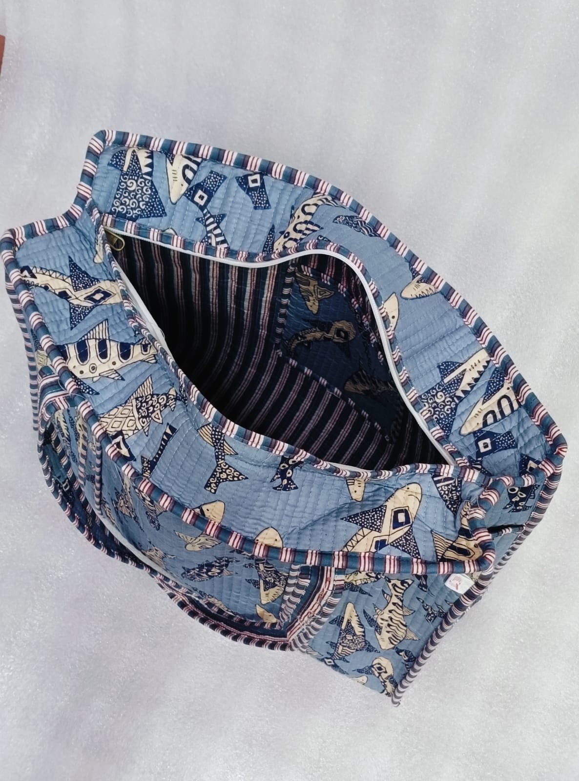 Handblock Printed Quilted Tote Bag with concealed zip ( 17x18x 6 inches)