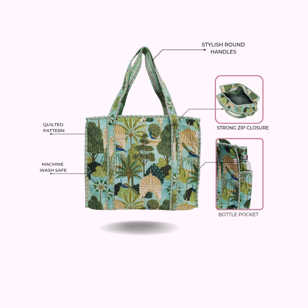 Handblock Printed Quilted Tote Bag with concealed zip ( 17x18x 6 inches)