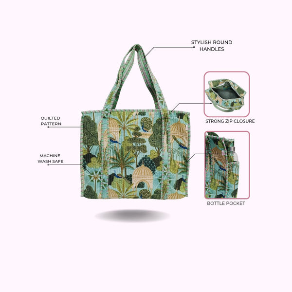 Handblock Printed Quilted Tote Bag with concealed zip ( 17x18x 6 inches)
