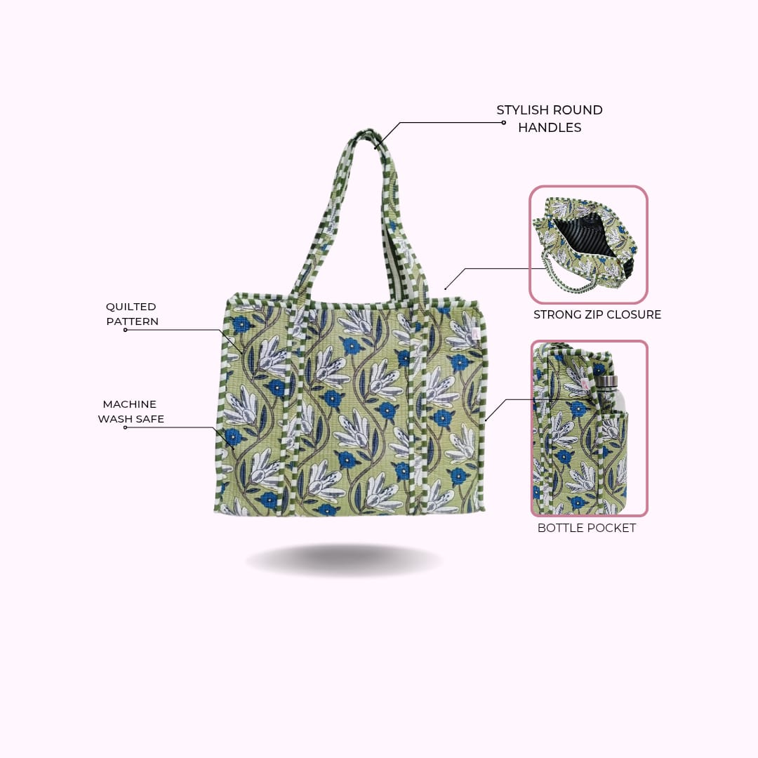 Handblock Printed Quilted Tote Bag with concealed zip ( 17x18x 6 inches)