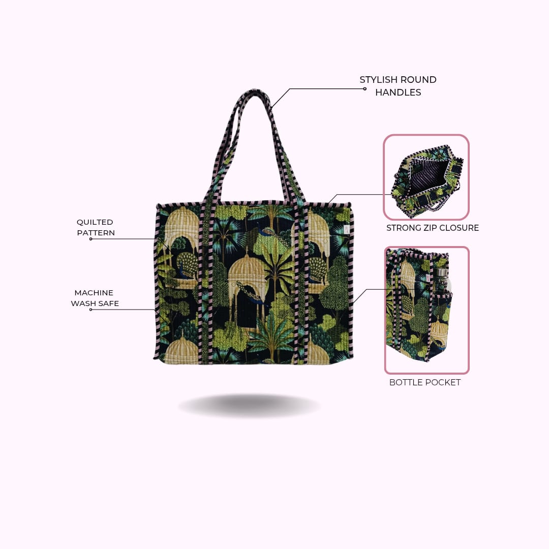 Handblock Printed Quilted Tote Bag with concealed zip ( 17x18x 6 inches)