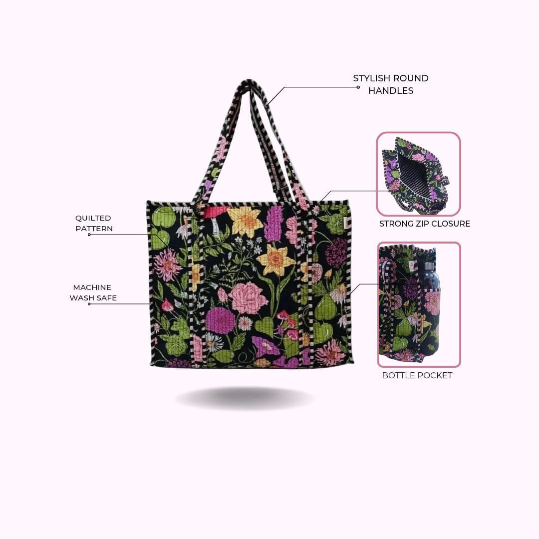 Handblock Printed Quilted Tote Bag with concealed zip ( 17x18x 6 inches)