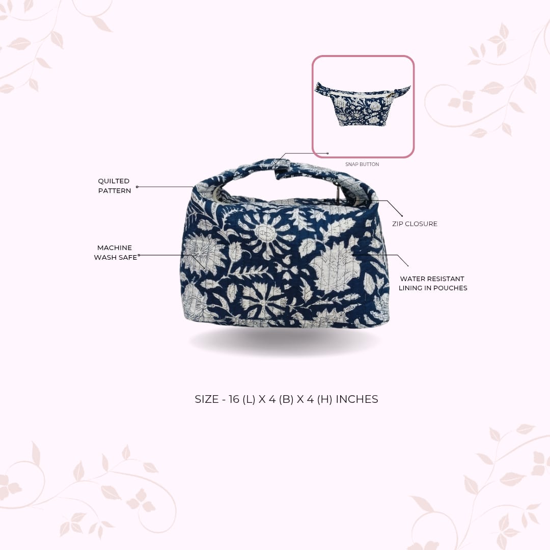 Quilted Block Printed Hobo Pouch with Zip closure and Snap Button