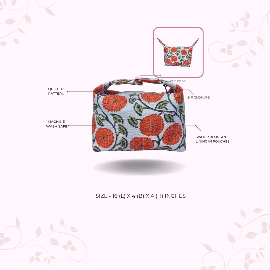 Quilted Block Printed Hobo Pouch with Zip closure and Snap Button