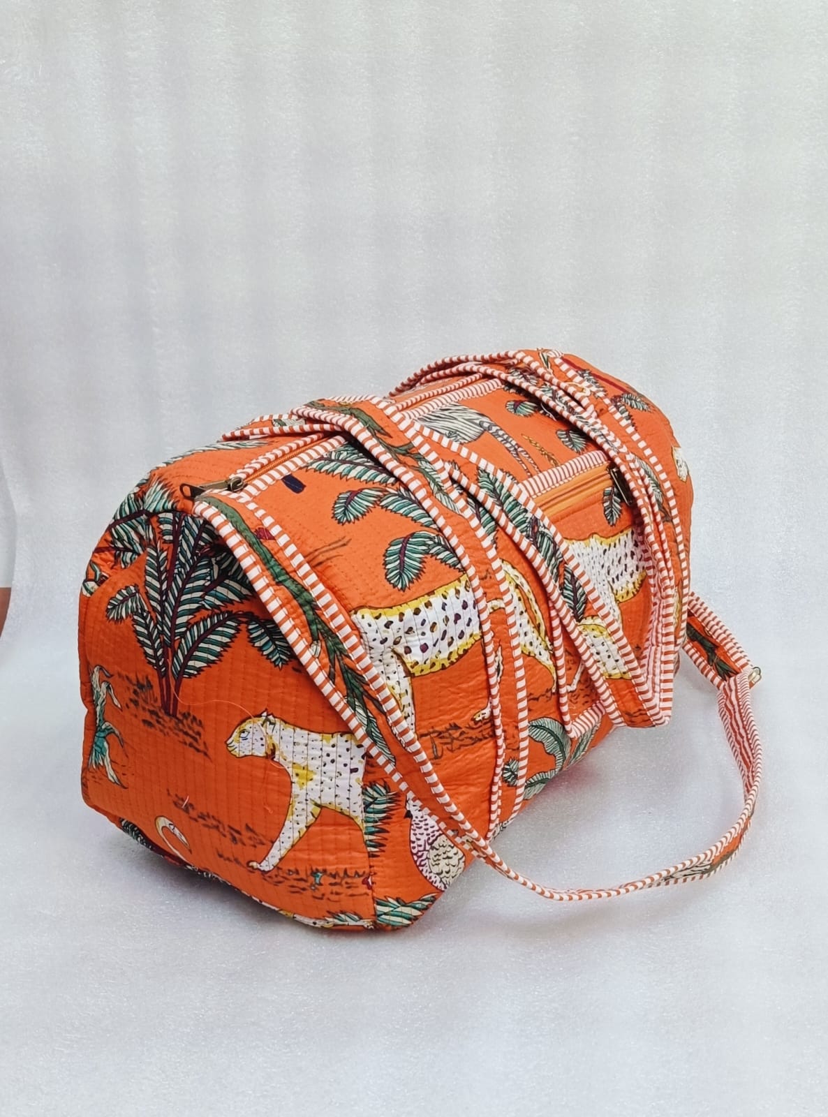 Block Printed Quilted Duffle Bag with Concealed Zip