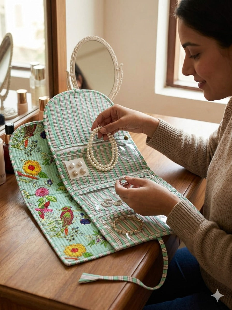 Handcrafted Travel Jewelry Organizer Roll | Artisan Fabric Jewelry Pouch
