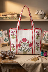 Classic White Block Printed Quilted Tote Bag without zip/button 17x18x 6 inches