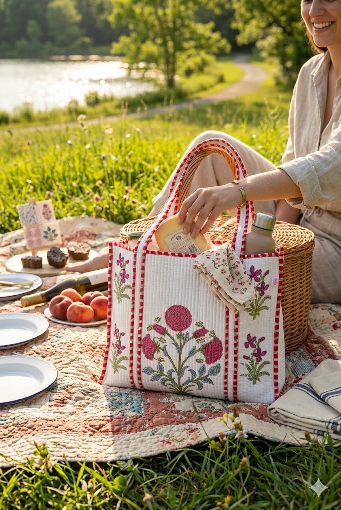 Classic White Block Printed Quilted Tote Bag without zip/button 17x18x 6 inches