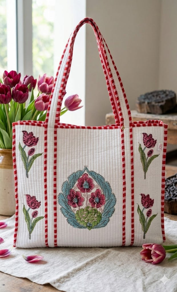 Classic White Block Printed Quilted Tote Bag without zip/button 17x18x 6 inches
