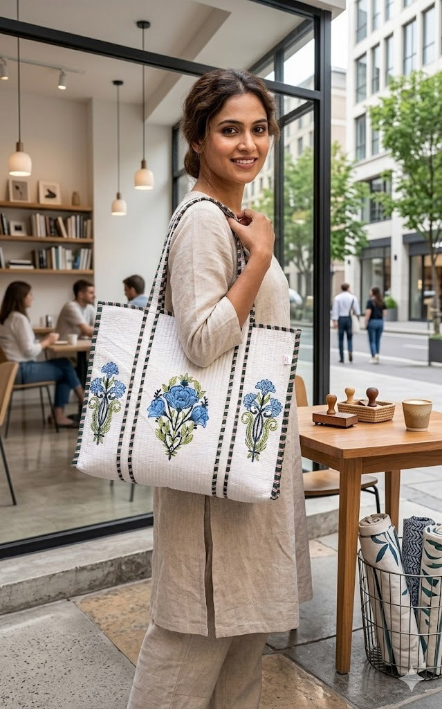 Classic White Block Printed Quilted Tote Bag without zip/button 17x18x 6 inches