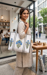 Classic White Block Printed Quilted Tote Bag without zip/button 17x18x 6 inches