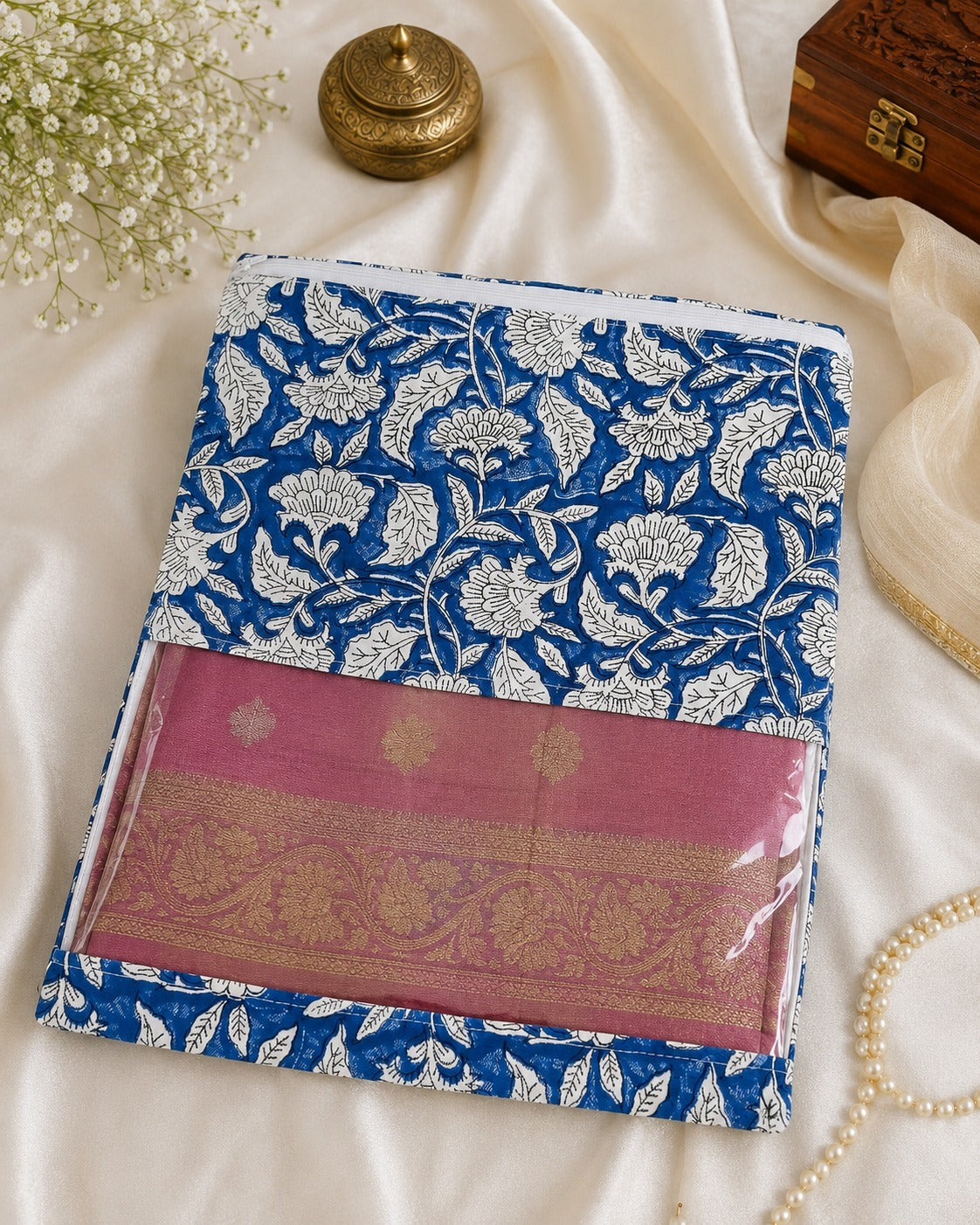 Handblock Printed Cotton Multi-Purpose Storage Pouch with Clear Window- Shoe & Clothing Organizer Bag- Set of 3/6