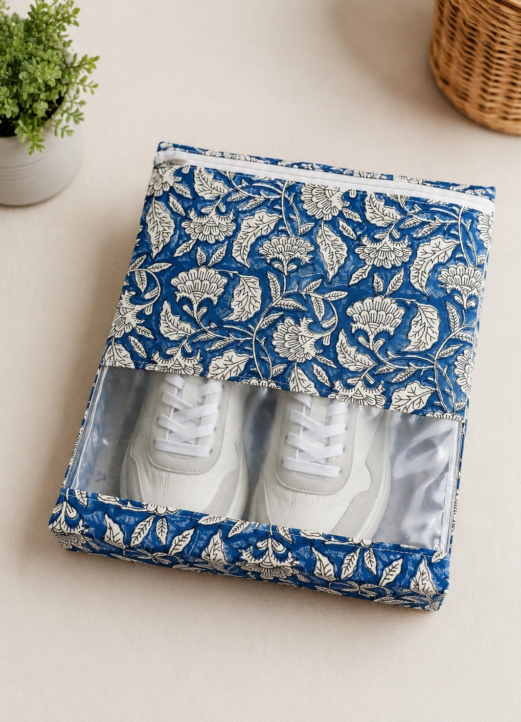 Handblock Printed Cotton Multi-Purpose Storage Pouch with Clear Window- Shoe & Clothing Organizer Bag- Set of 3/6