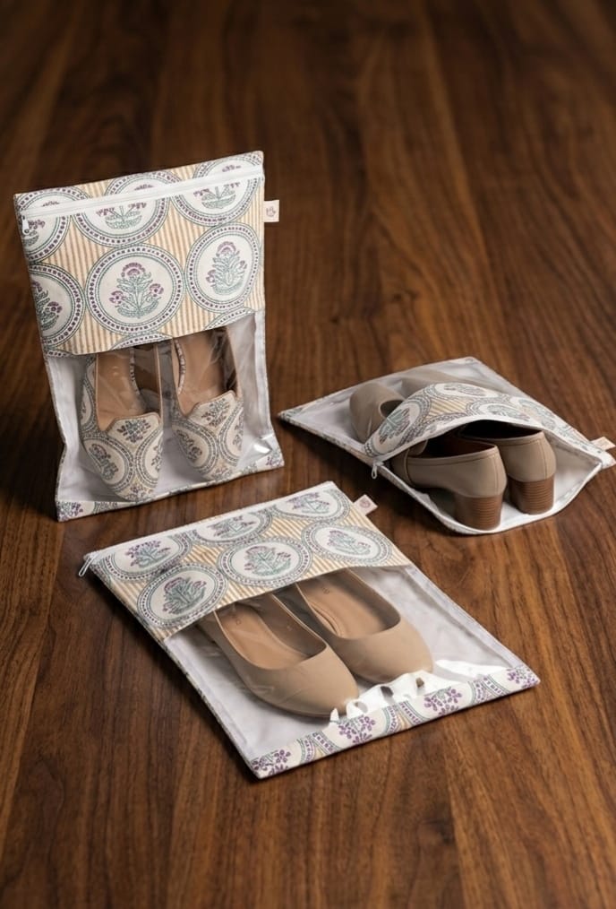 Handblock Printed Cotton Multi-Purpose Storage Pouch with Clear Window- Shoe & Clothing Organizer Bag- Set of 3/6