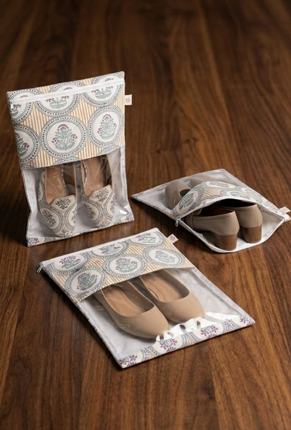 Handblock Printed Cotton Multi-Purpose Storage Pouch with Clear Window- Shoe & Clothing Organizer Bag- Set of 3/6