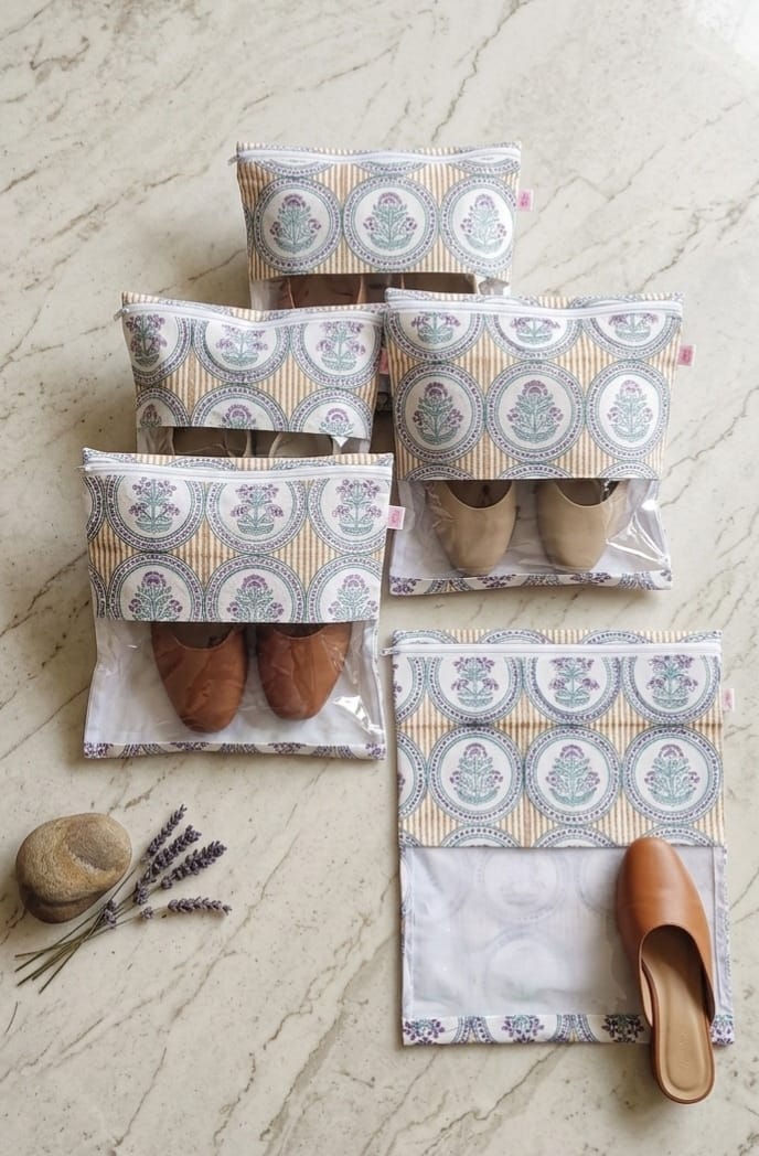 Handblock Printed Cotton Multi-Purpose Storage Pouch with Clear Window- Shoe & Clothing Organizer Bag- Set of 3/6