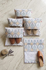 Handblock Printed Cotton Multi-Purpose Storage Pouch with Clear Window- Shoe & Clothing Organizer Bag- Set of 3/6