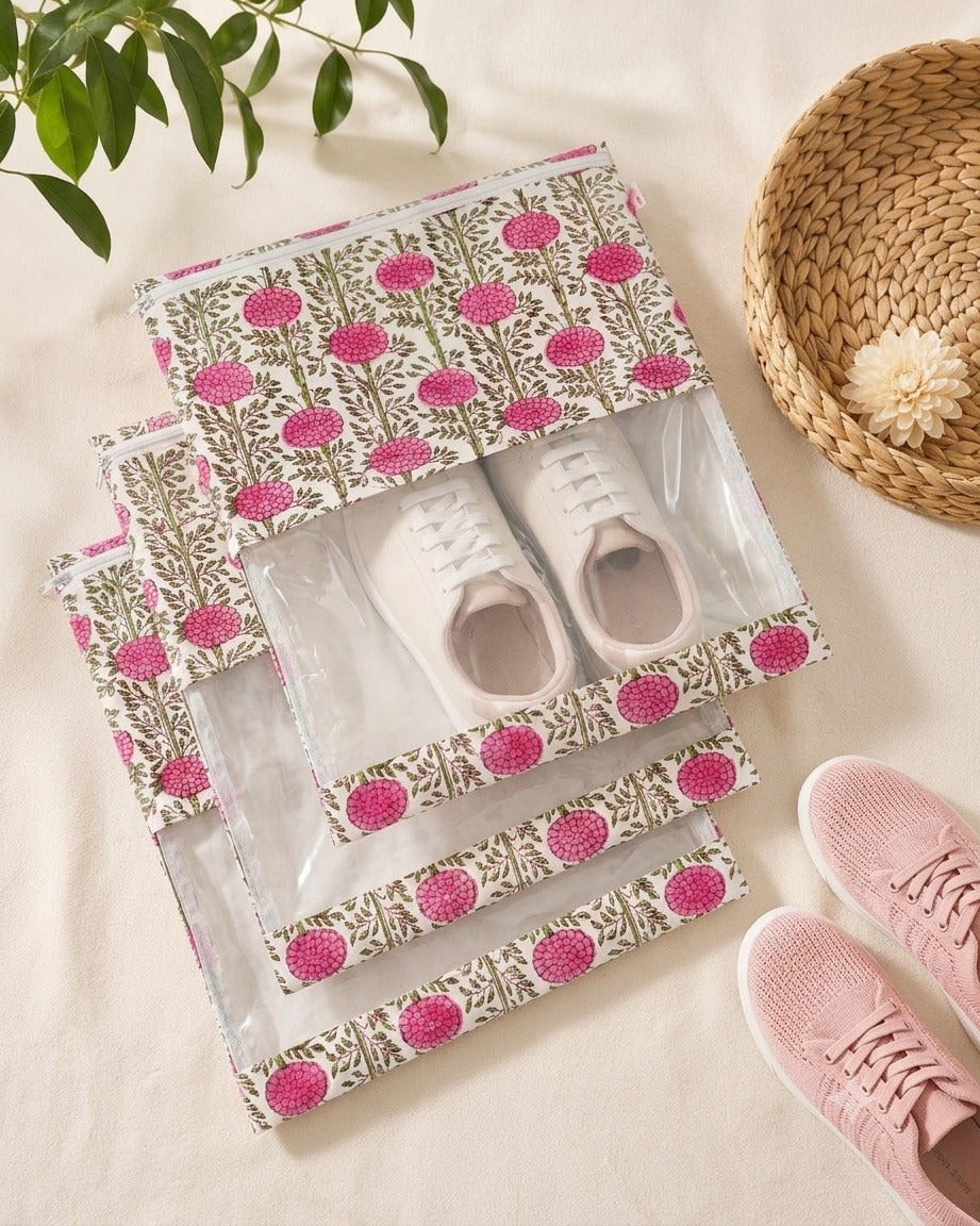 Handblock Printed Cotton Multi-Purpose Storage Pouch with Clear Window- Shoe & Clothing Organizer Bag- Set of 3/6