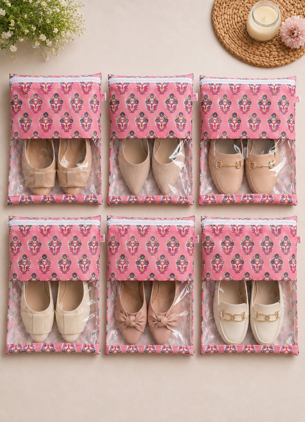 Handblock Printed Cotton Multi-Purpose Storage Pouch with Clear Window- Shoe & Clothing Organizer Bag- Set of 3/6