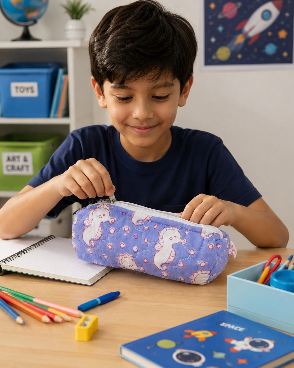 Handblock Printed Cotton Pencil Box Pouch with Zip Closure