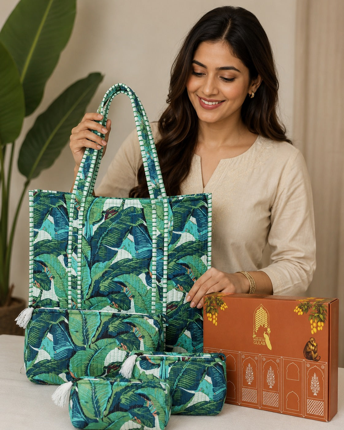 Stylish Tote Bag with 3 Coordinated Utility Pouches with Gift Box