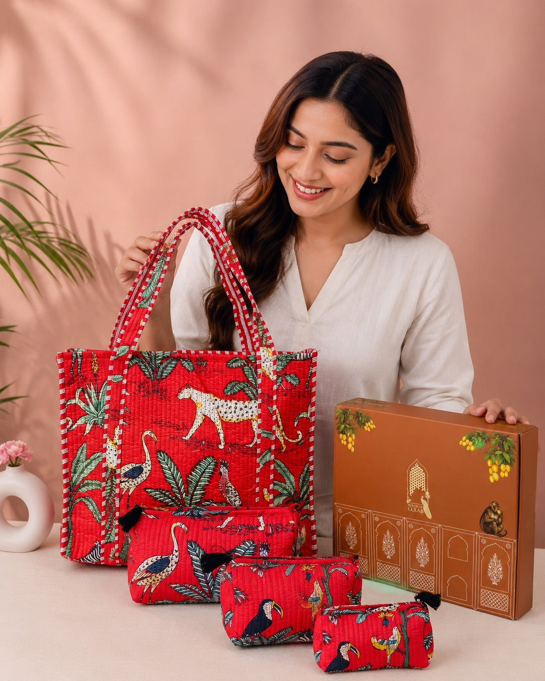 Stylish Tote Bag with 3 Coordinated Utility Pouches with Gift Box