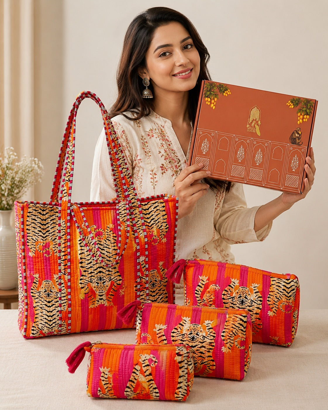 Stylish Tote Bag with 3 Coordinated Utility Pouches with Gift Box