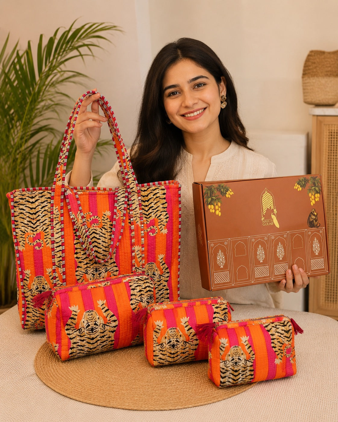 Stylish Tote Bag with 3 Coordinated Utility Pouches with Gift Box