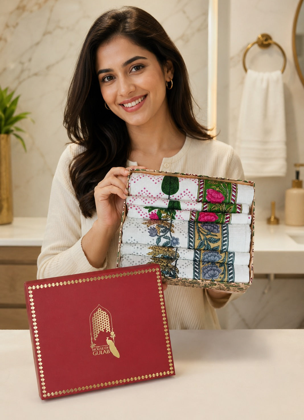 His & Her Towel Gift Set - Handblock Printed Towels - 2 Bath + 4 Hand Towels in 2 designs