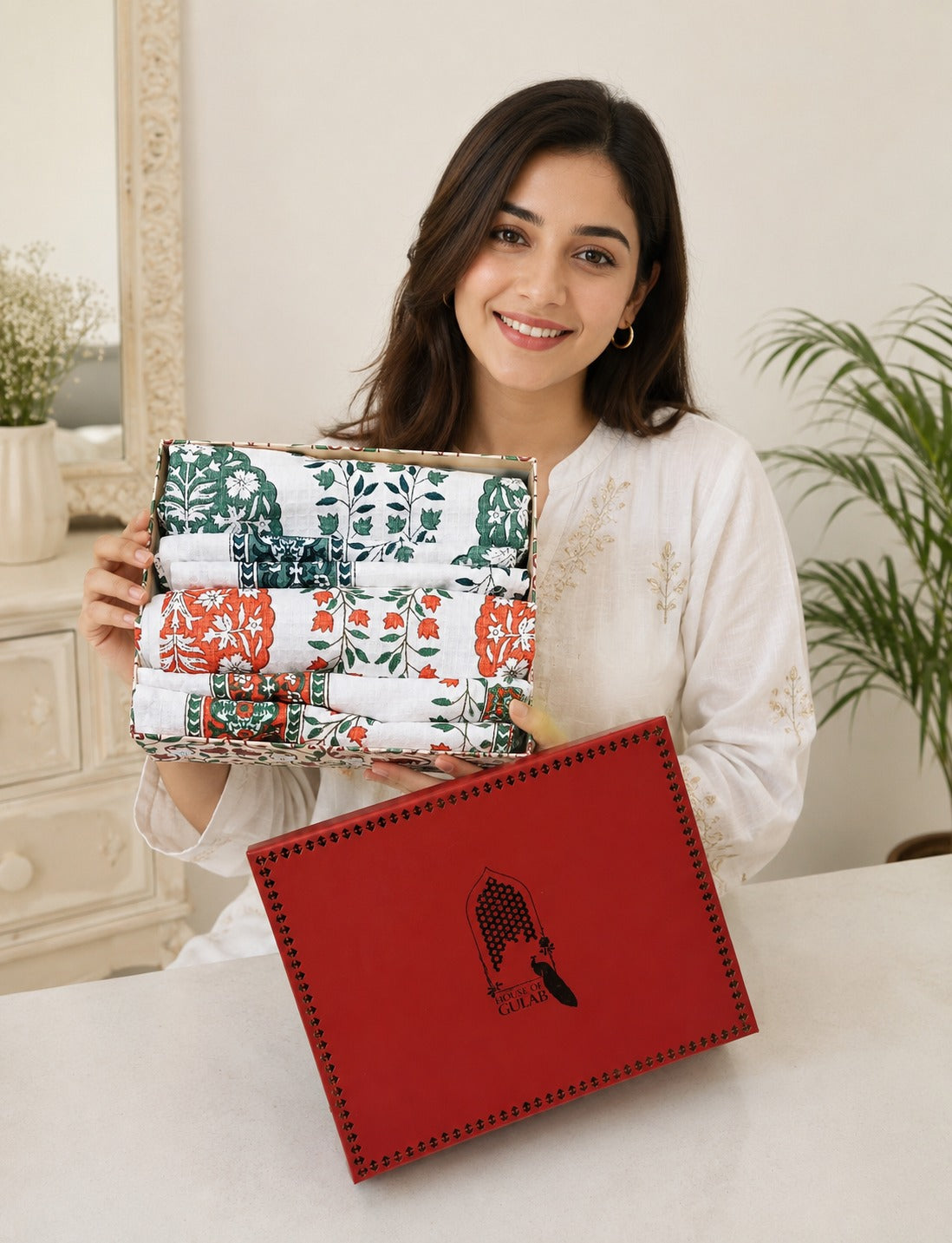 His & Her Towel Gift Set - Handblock Printed Towels - 2 Bath + 4 Hand Towels in 2 designs