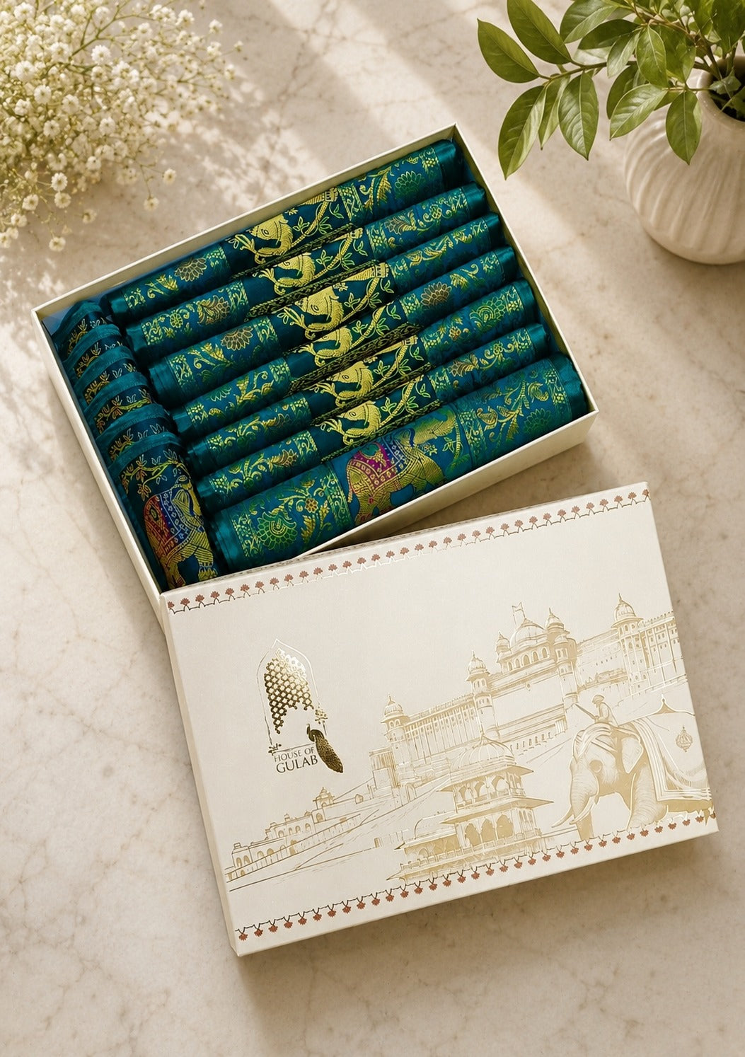 Gift Box with Banarasi Zari Table Runner, Set Of 6 Mats, 6 coaster