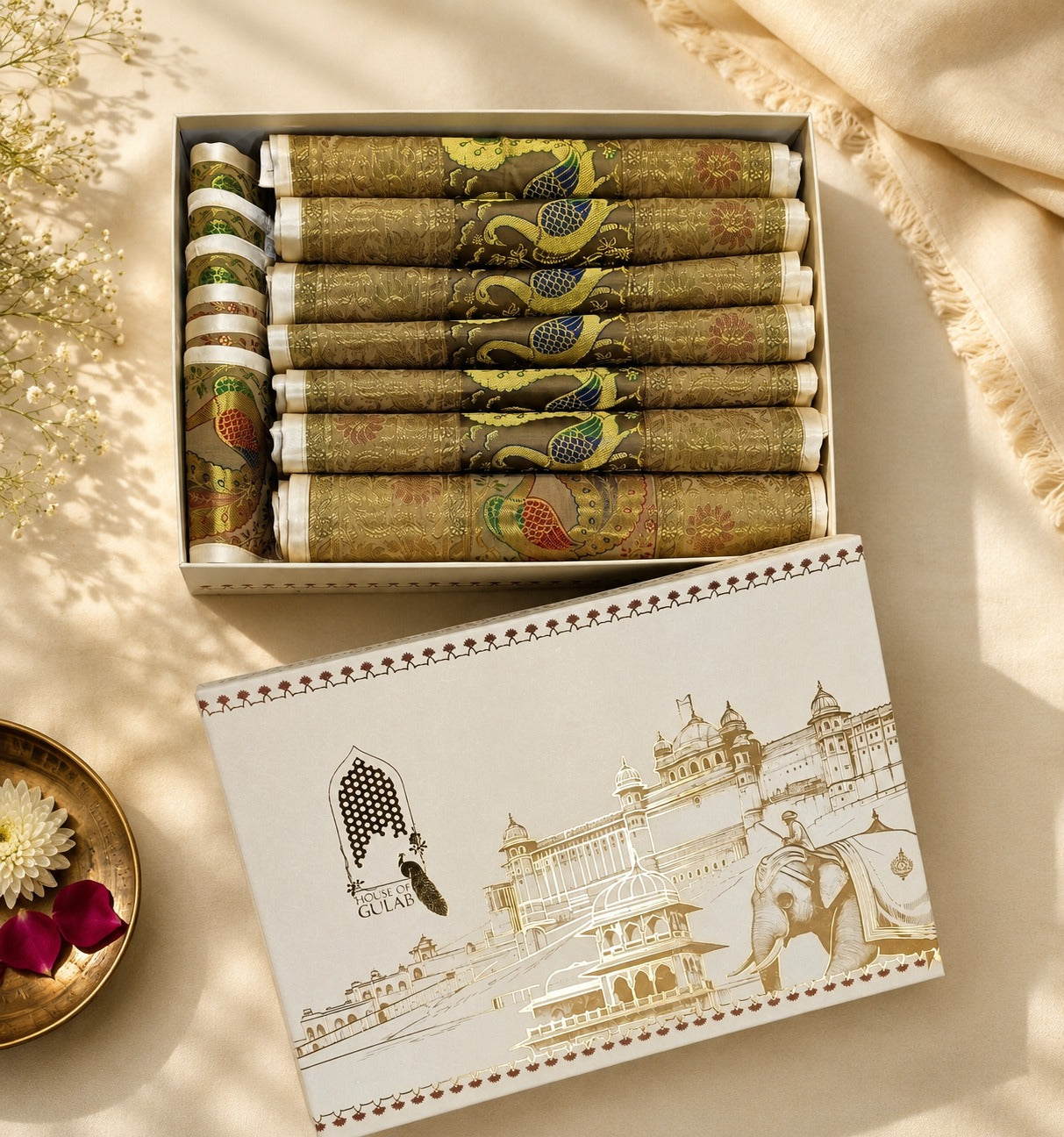 Gift Box with Banarasi Zari Table Runner, Set Of 6 Mats, 6 coaster