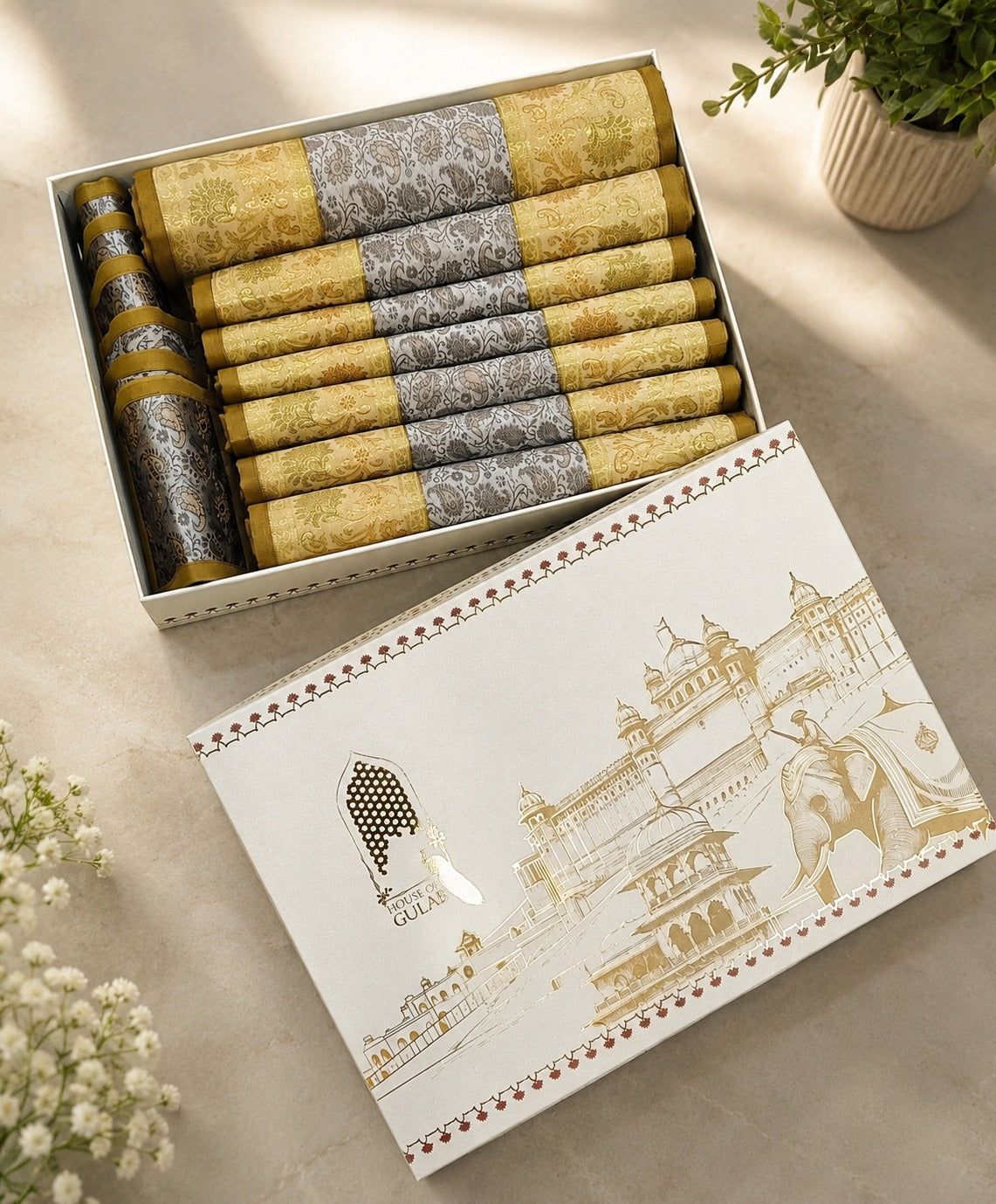 Gift Box with Banarasi Zari Table Runner, Set Of 6 Mats, 6 coaster