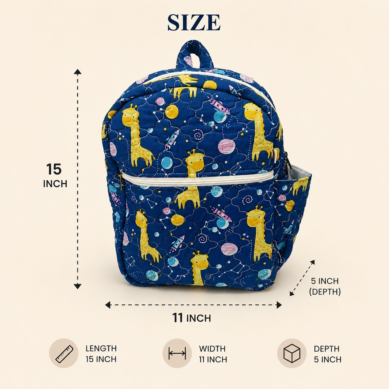 Handblock Printed Cotton Kids’ School Backpack with Front Zip Pocket