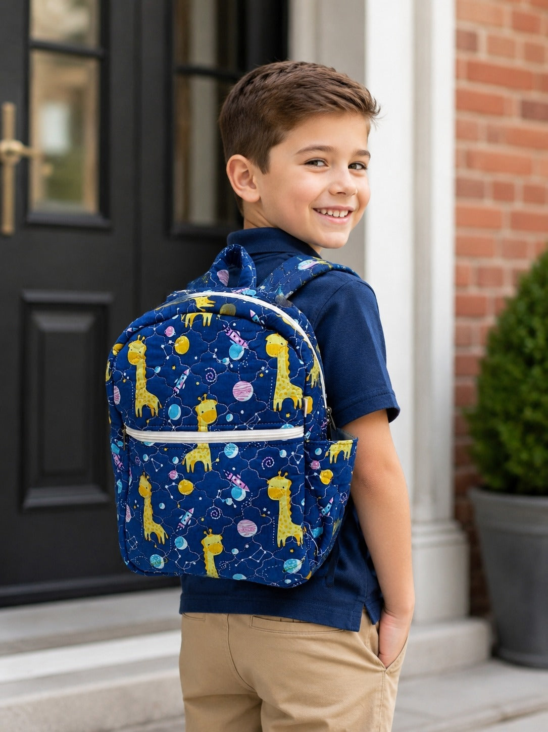 Handblock Printed Cotton Kids’ School Backpack with Front Zip Pocket